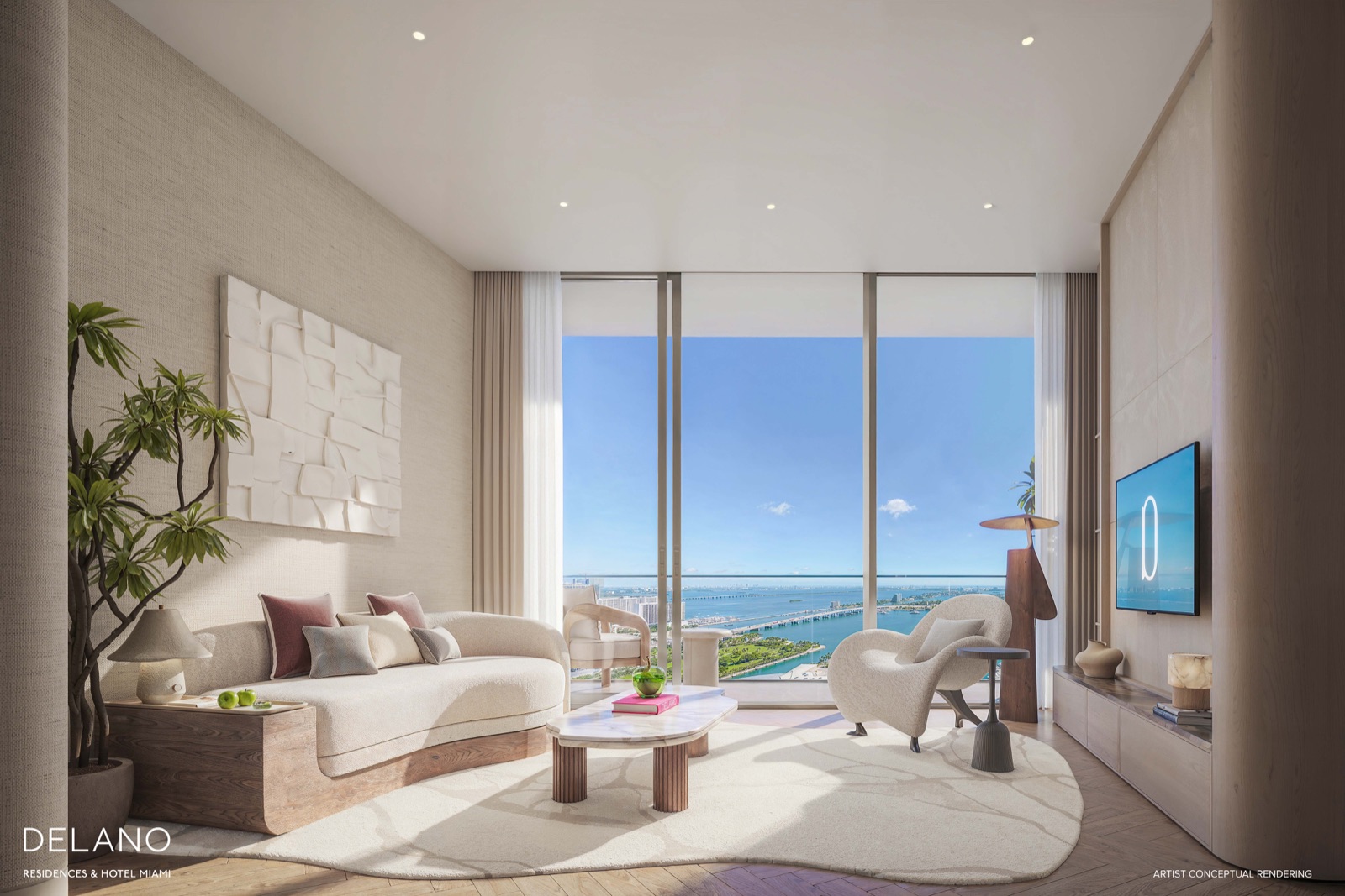 Delano Collection great room — fully finished & furnished by Meyer Davis with floor-to-ceiling windows.