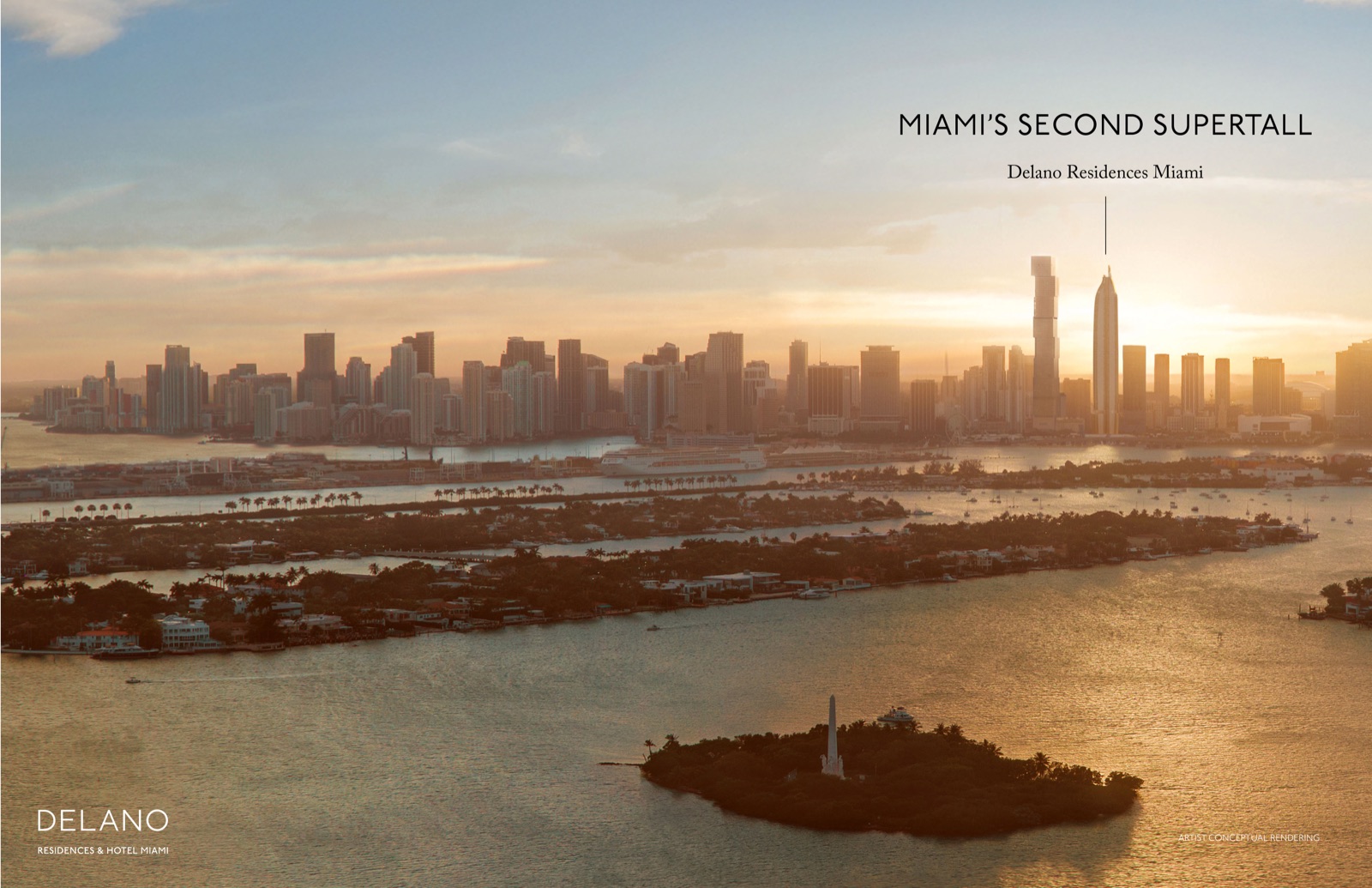 Delano Residences & Hotel Miami at the heart of Downtown Miami, framed by Biscayne Bay.