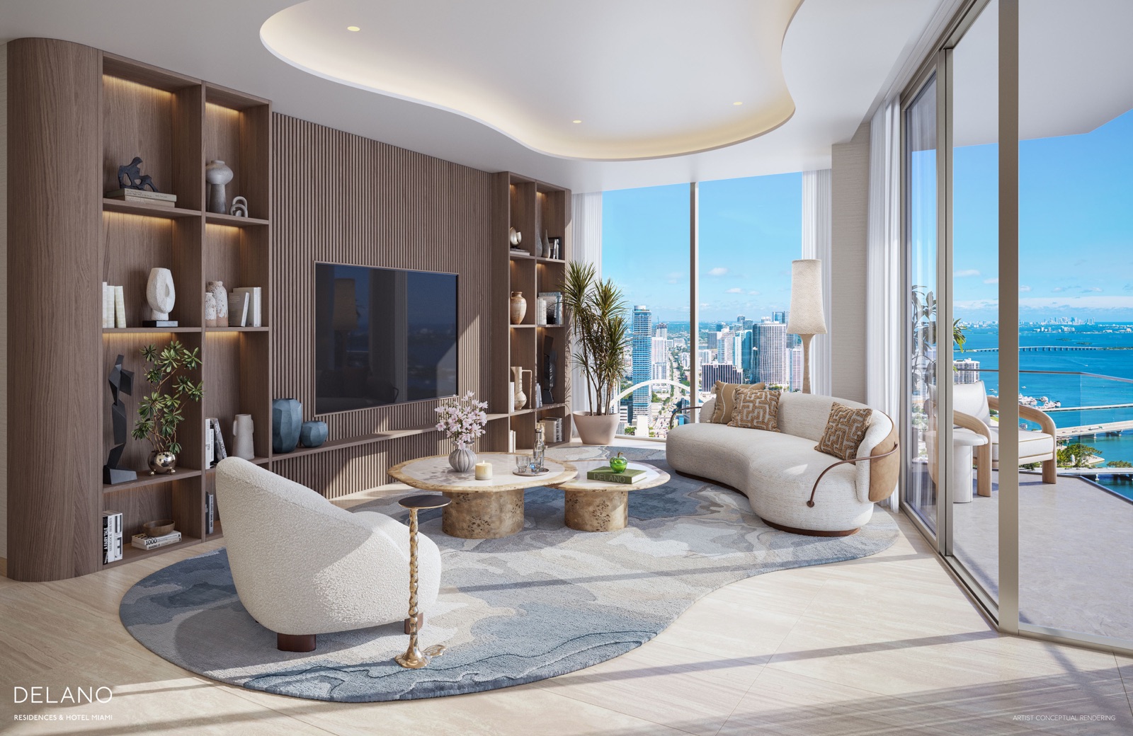Delano Residence great room with 10-foot ceilings and panoramic Downtown views.